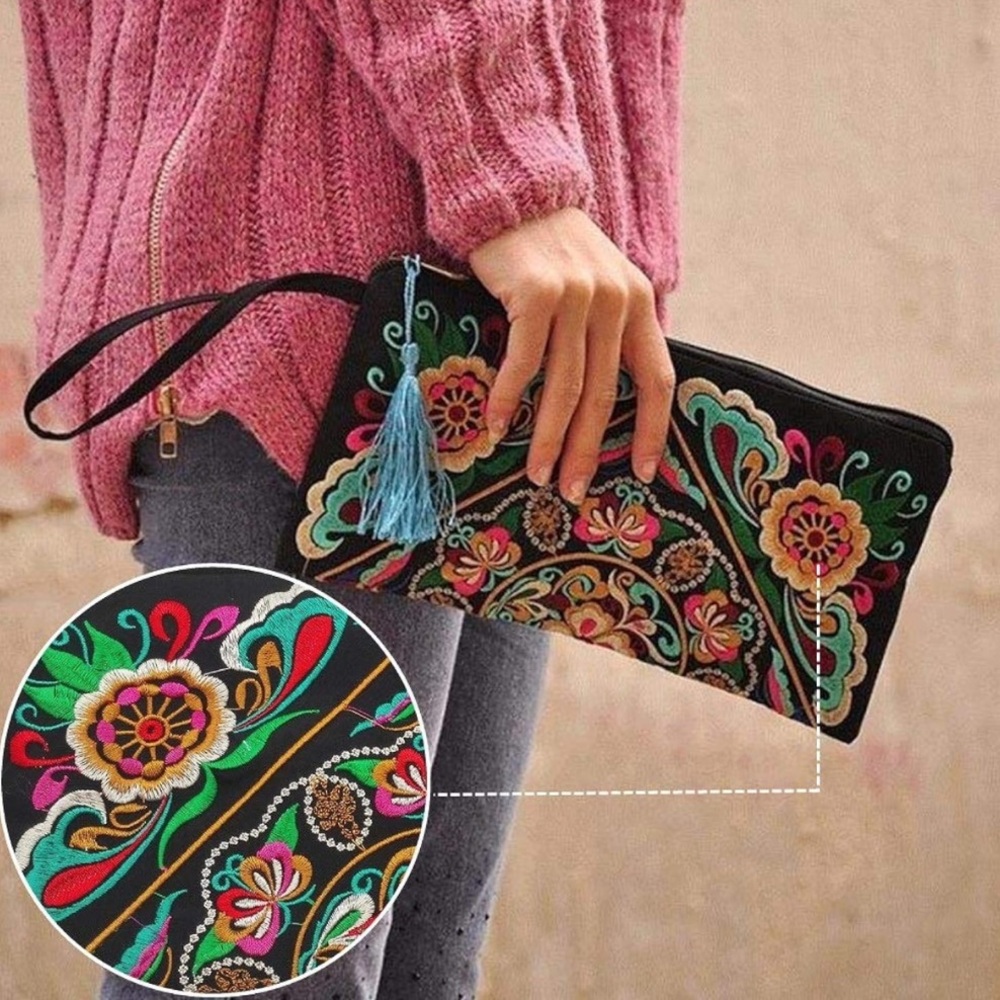 Floral Embroidered Black Wristlet/Clutch - Picture 11 of 15